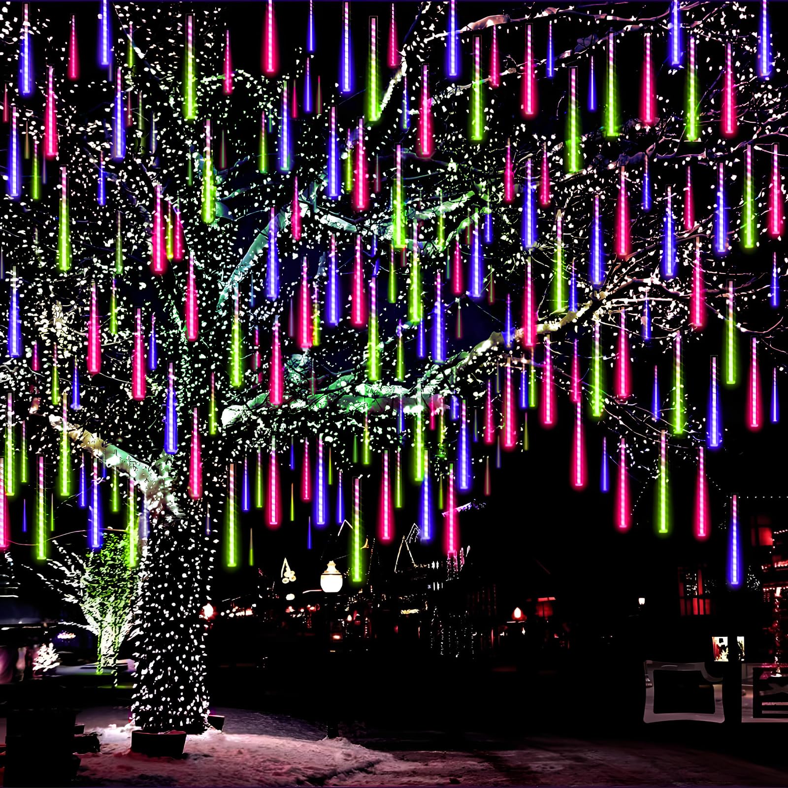 Aukora Christmas Lights Outdoor, 24 Tubes 576 LEDs Meteor Shower Light, Icicle Snow Falling Rain Lights for Xmas Tree Christmas Decorations Wedding Party Holiday Garden Decor, UL Plug (Multicolor)