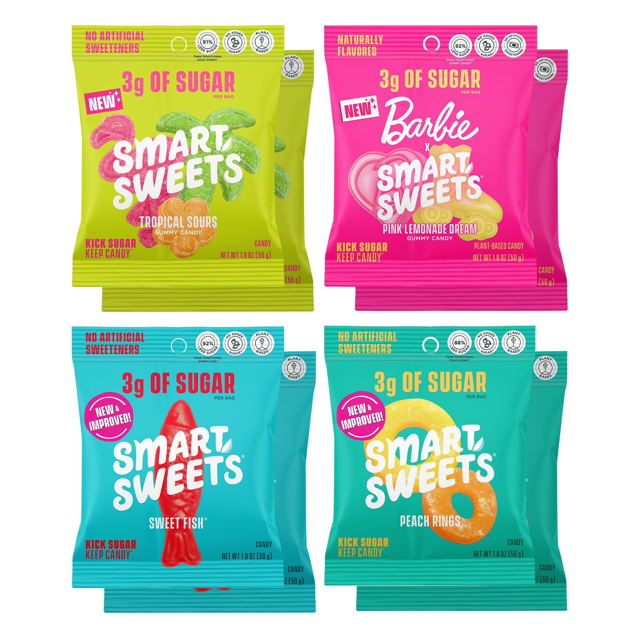 SmartSweets Variety Pack, 1.8oz (Pack of 8), Candy With Low Sugar & Calorie, Healthy Snacks For Kids & Adults - Sweet Fish, Sourmelon Bites, Peach Rings, Sour Blast Buddies