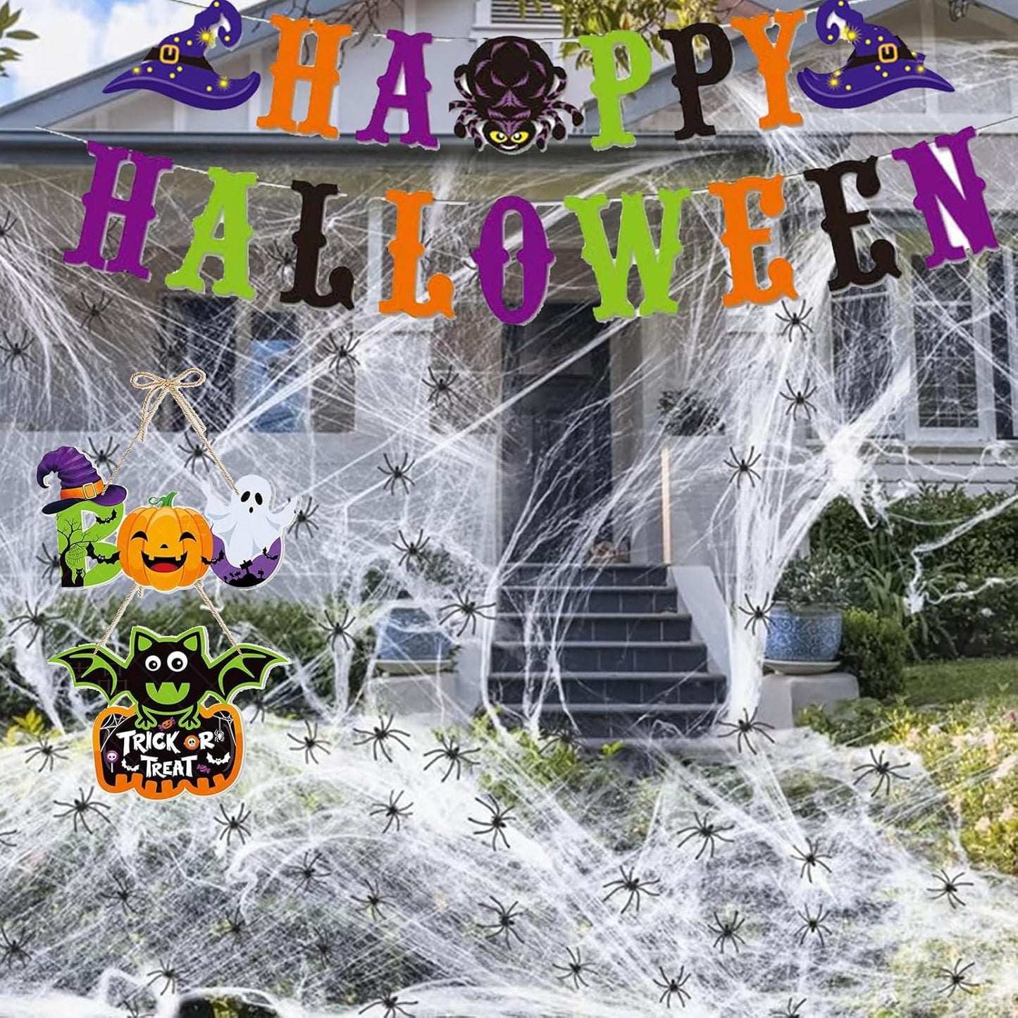 100+ Piece Halloween Decorations Set - All-in-One Kit Halloween Decor with Banner, Hanging Bats, Spider Web Decoration, Balloons, Photo Props & More! Fun for Kids & Family