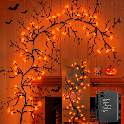 [8 Modes & Timer] 6 Ft 54LED Halloween Garland with Lights, Orange Purple Willow Vine Twig Garland Battery Operated Indoor Outdoor Fireplace Table Wall Home Party Halloween Decor