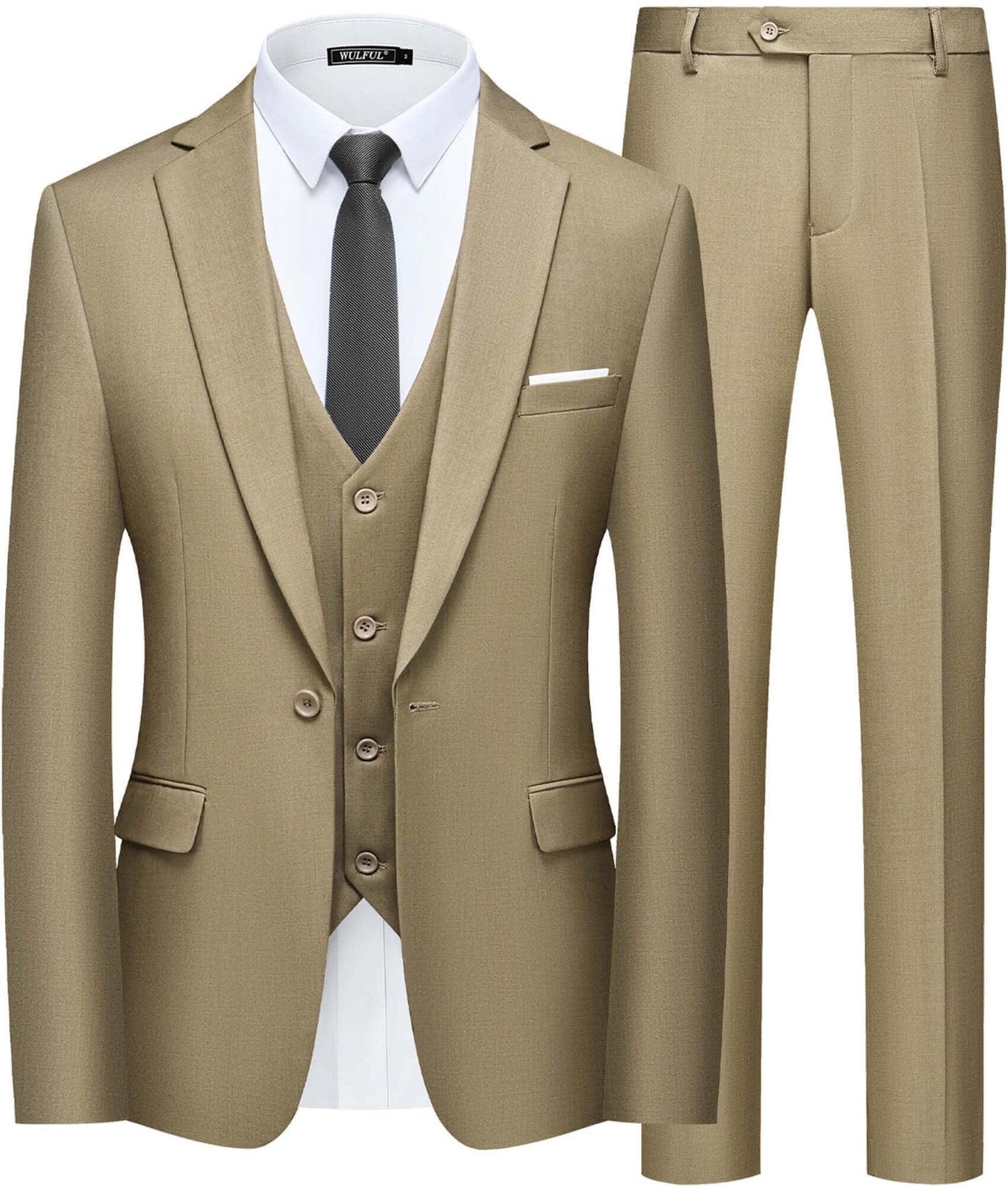 WULFUL Men’s Slim Fit Suit One Button 3-Piece Blazer Dress Business Wedding Party Jacket Vest & Pant