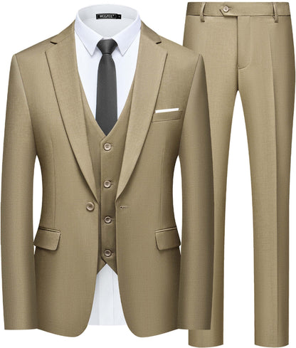 WULFUL Men’s Slim Fit Suit One Button 3-Piece Blazer Dress Business Wedding Party Jacket Vest & Pant