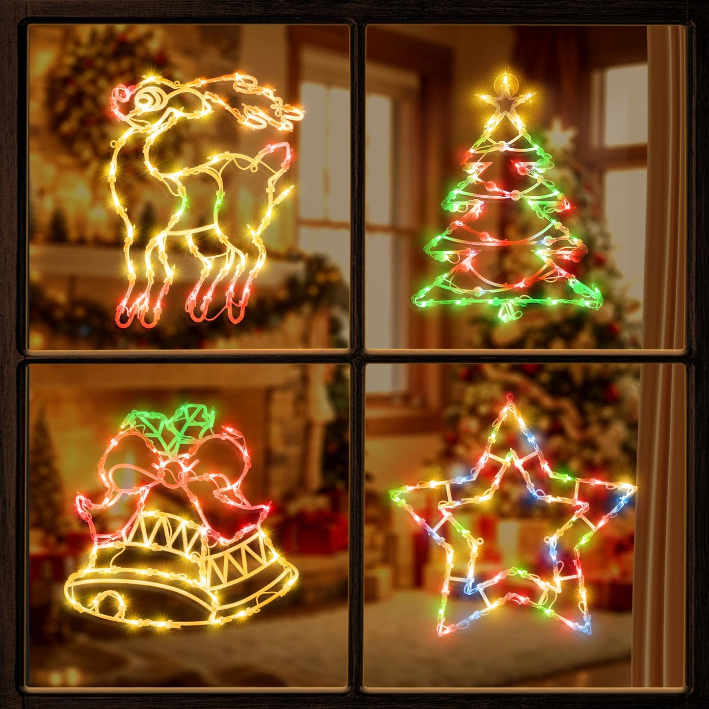 Christmas Window Silhouette Lights Decorations - Pack of 4 Sign Colour Lighted Wreath, Candy Cane, Bell, and Angel for Holiday Indoor Wall Door Glass Decor