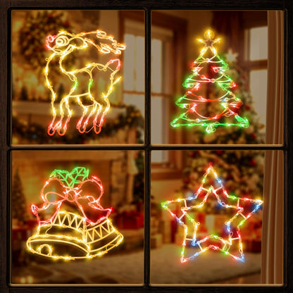 Christmas Window Silhouette Lights Decorations - Pack of 4 Sign Colour Lighted Wreath, Candy Cane, Bell, and Angel for Holiday Indoor Wall Door Glass Decor