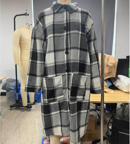 Women's Plaid Wool Coat Long Winter Lapel Peacoat Button Up Warm Overcoats Trendy Comfy Outerwear Casual Jackets