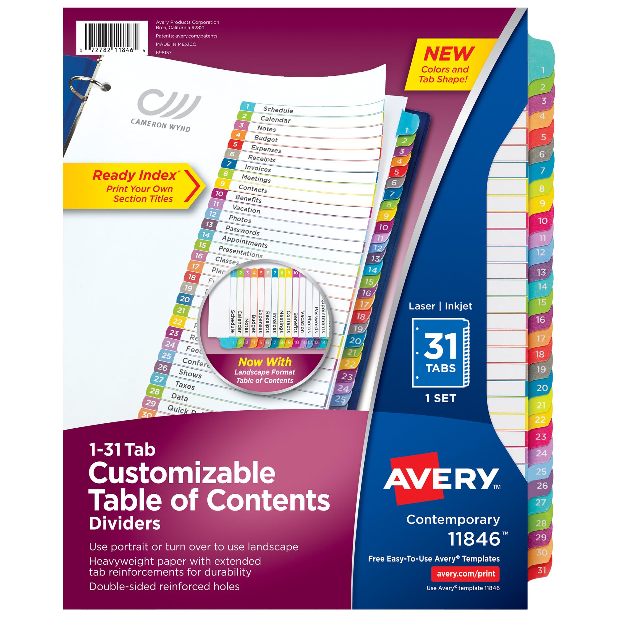 Avery 1-31 Dividers for 3 Ring Binders, 31 Tabs per Set, Customizable Table of Contents, Multicolor Arched Tabs, Great for Organizing Reports, Projects, and More (11846)