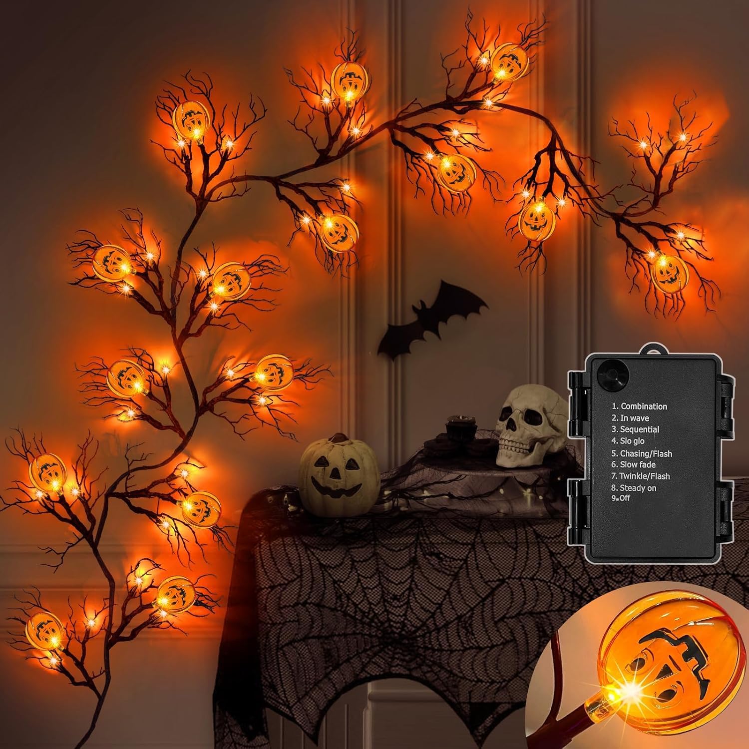 [ 8 Modes & Timer ] 6 Ft 45 LED Halloween Willow Vine Twig Garland Decorations with 15 Pumpkins Orange Lights, Battery Operated Waterproof Halloween Decorations for Home Wall Mantle Fireplace Decor