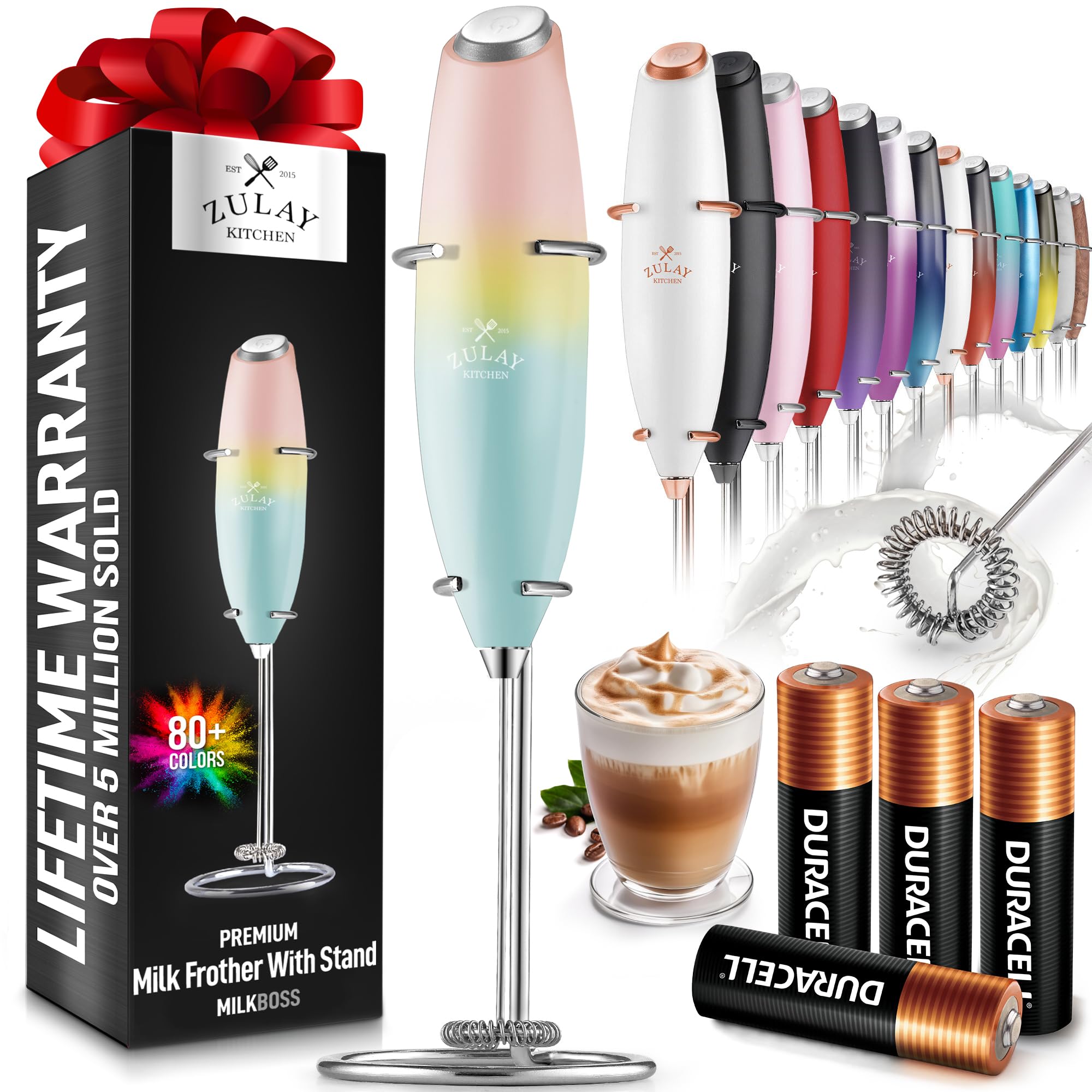 Zulay Kitchen Powerful Milk Frother Wand With 2 Duracell Batteries - Ultra Fast Handheld Drink Mixer - Electric Whisk Foam Maker for Coffee, Lattes, Cappuccino, Matcha, Hot Chocolate & Creamer - Black