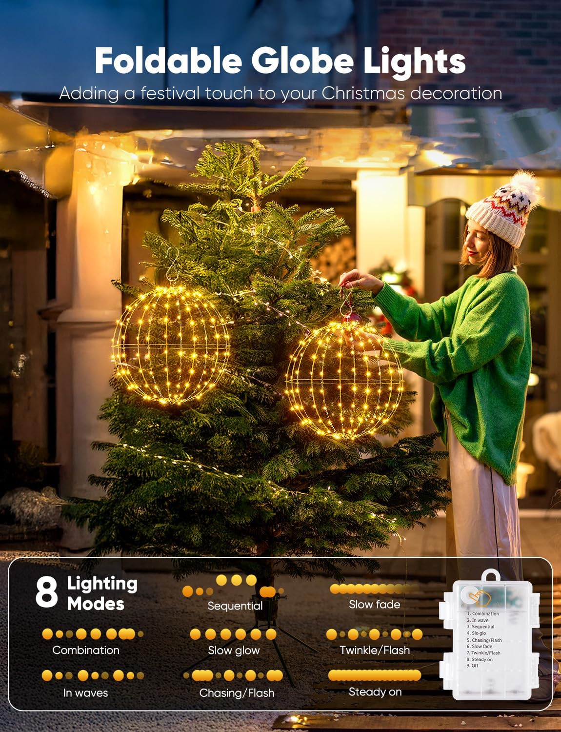 Brightown Christmas Ball Lights 3 Pack 12 Inch 120 LEDs, Battery Operated Sphere Lights with Timer,Waterproof 8 Modes with Hook for Outdoor Xmas Decorations Yard Porch Patio(Warmwhite)