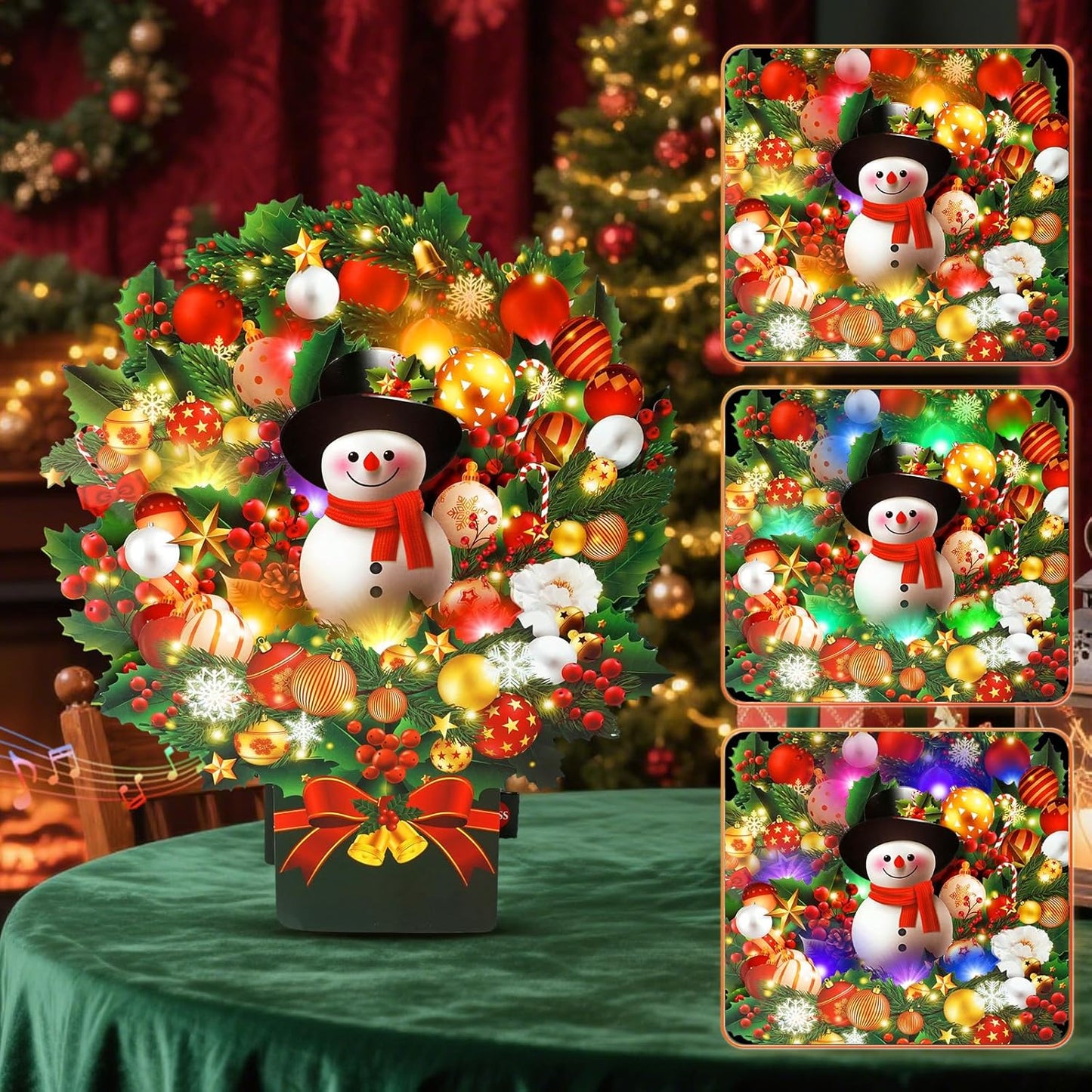 Christmas Cards with Lights and Music, Christmas Bouquet with Snowman, Popup Musical Greeting Card for Holiday New Year
