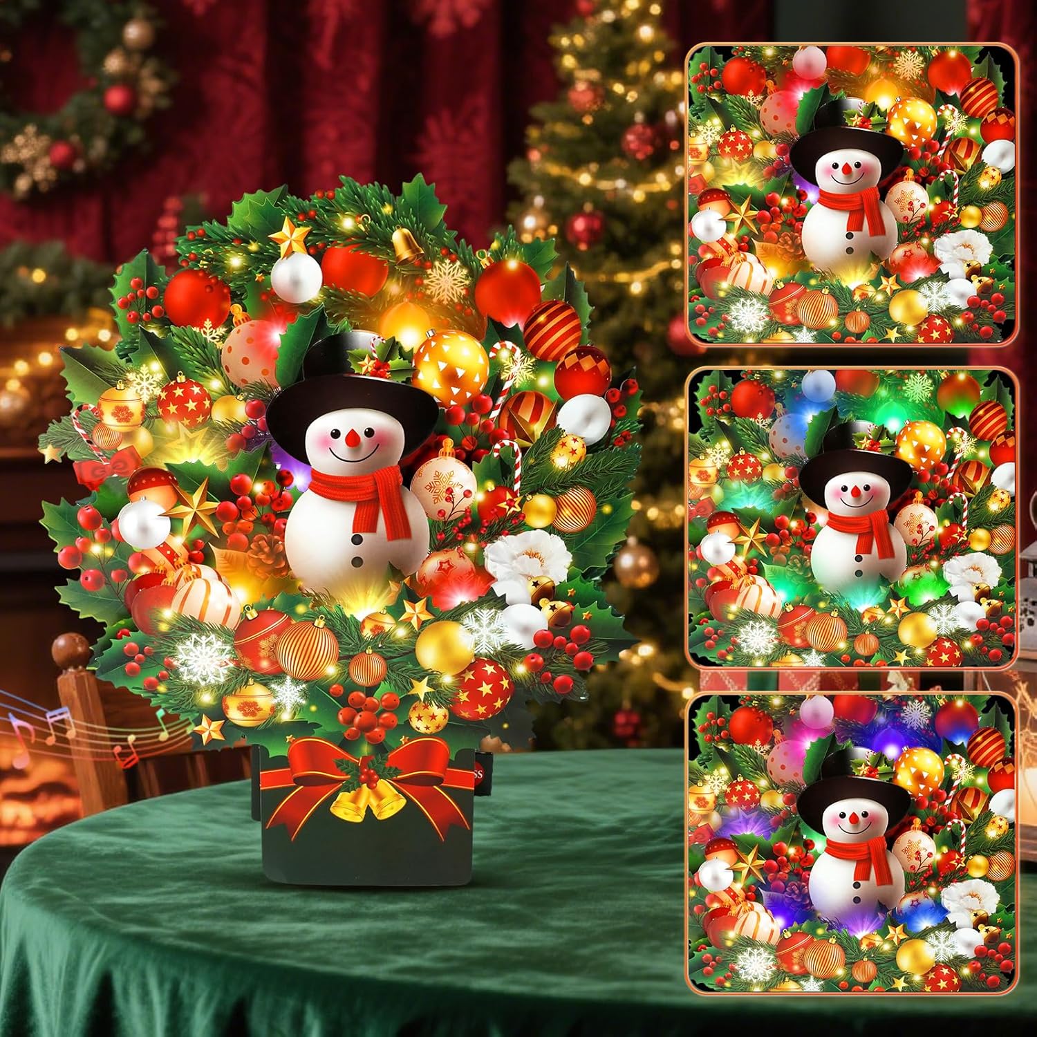 Christmas Cards with Lights and Music, Christmas Bouquet with Snowman, Popup Musical Greeting Card for Holiday New Year