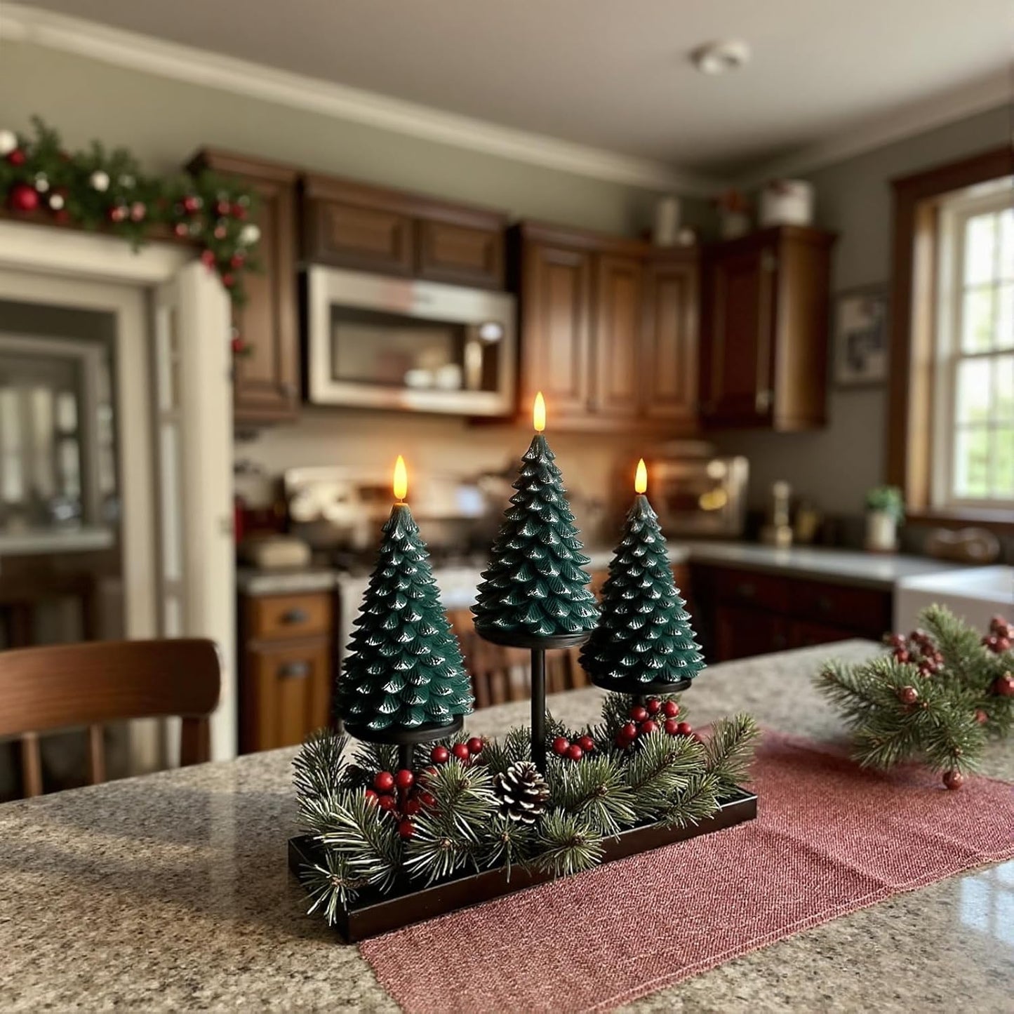 Christmas Decorations Indoor, Christmas Decor - Christmas Tree Candles Battery Operated, Flameless LED Candle Lights with 6H Timer, Xmas Home Decor, Set of 2(Green)