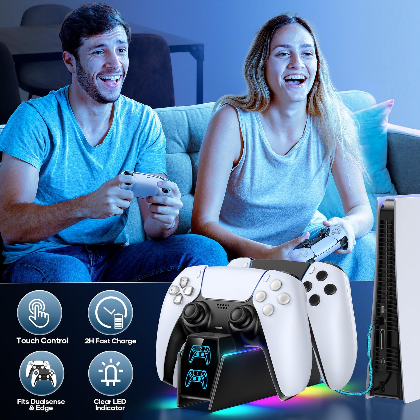 PS 5 Controller Charger Station Compatible with PlayStation 5 Faceplates Edge & Dual Controller, 9 Lightings PS 5 Accessories Charging Station, PS 5 Dock Stand with LED Indicator & On-Off Switch