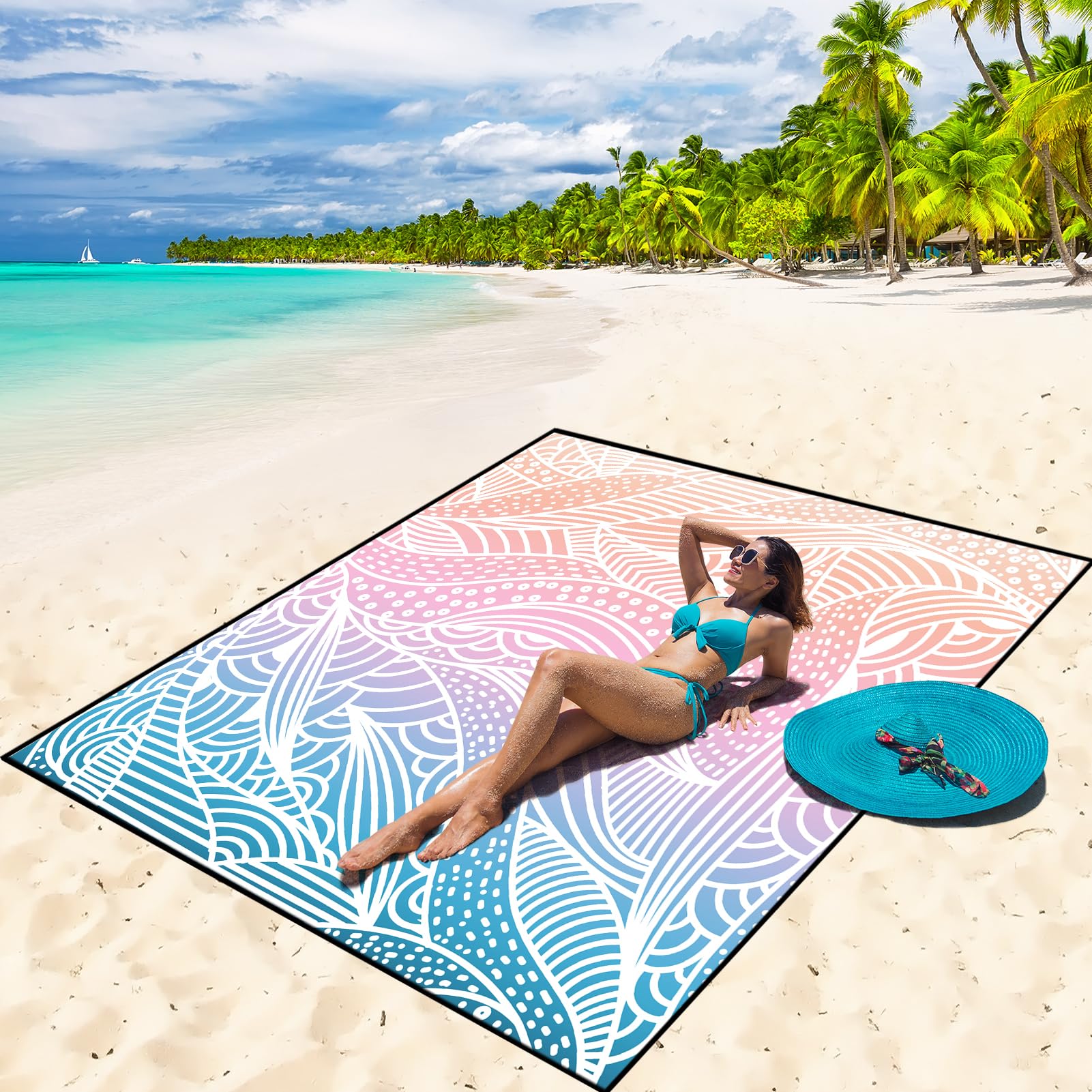 Beach Blanket Waterproof Sandproof Beach Mat 79" X 83" /10'x9'for 2-8 Adults Quick Drying Outdoor Picnic Mat Beach Accessories for Travel, Camping, Hiking