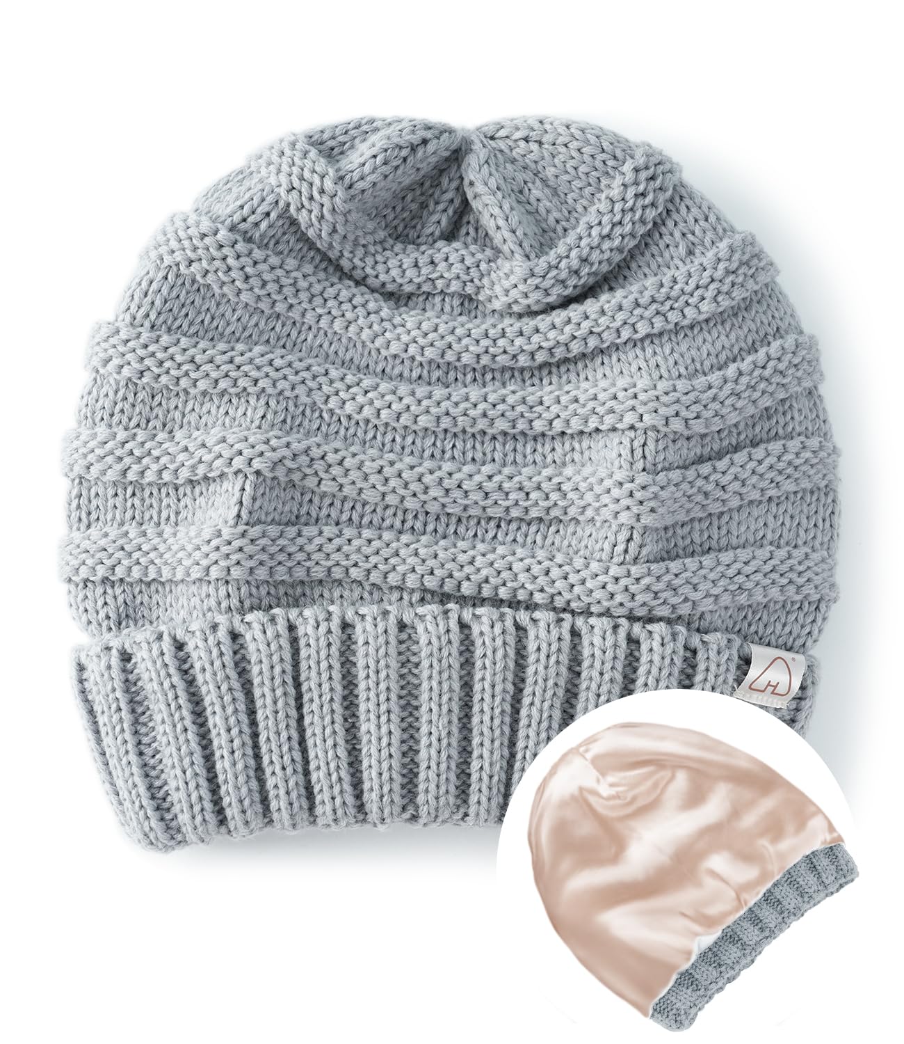 Hat Hut Womens Satin Lined Beanie Winter Hats with Silk Lining for Hair Slouchy Beanie Soft Warm Cable Knit Winter Hat