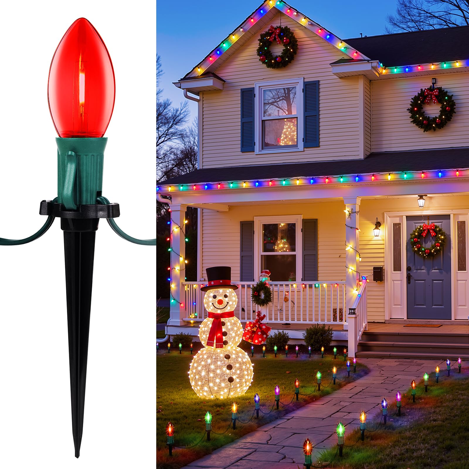 Christmas Pathway Lights Outdoor, 25.7 Feet C9 Lights with 20 Multicolor Bulbs and Stakes, Connectable Outdoor Christmas Decorations Outside Yard Walkway Sidewalk Holiday