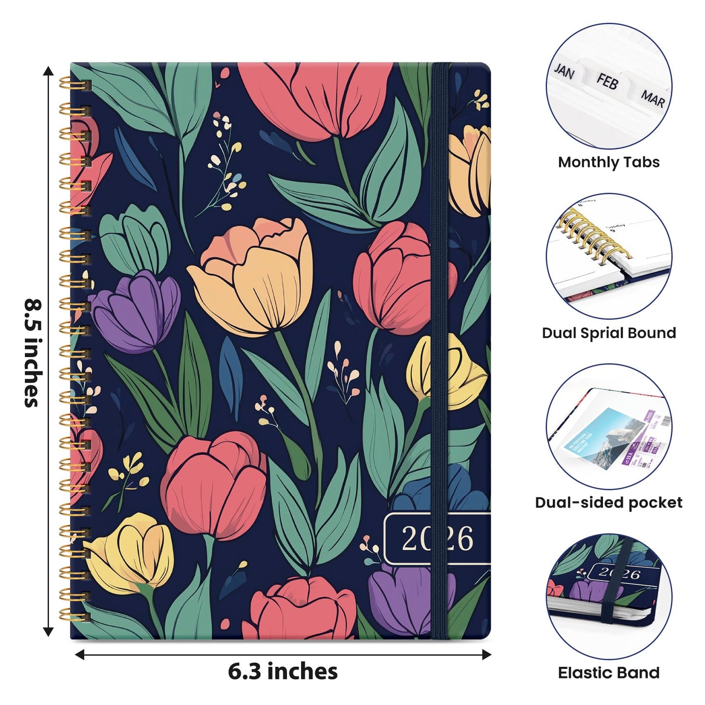 Hardcover 2026 Planner, Weekly and Monthly Calendar, Jan - Dec 2026 Planner Book with Tabs for Women, Inner Pocket, Spiral Bound, Perfect for Office/Home/School Supplies, Petals, A5, 6.3" x 8.5"