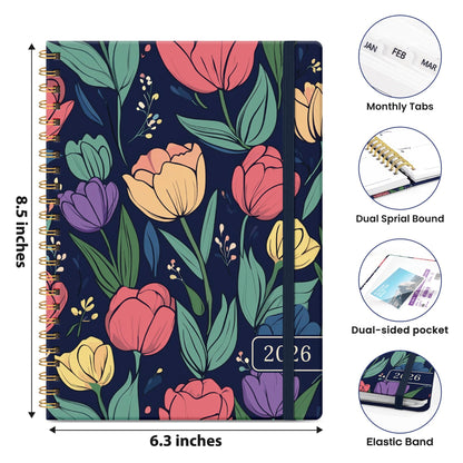 Hardcover 2026 Planner, Weekly and Monthly Calendar, Jan - Dec 2026 Planner Book with Tabs for Women, Inner Pocket, Spiral Bound, Perfect for Office/Home/School Supplies, Petals, A5, 6.3" x 8.5"