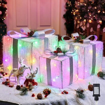 Brightown 3 Pieces Lighted Gift Boxes Outdoor Christmas Decorations, 12" 10" 8" with 60 Pre-Lit Mini String Lights，Foldable LED Boxes with Bows for Tree Indoor Outdoor Party Yard Home Decor