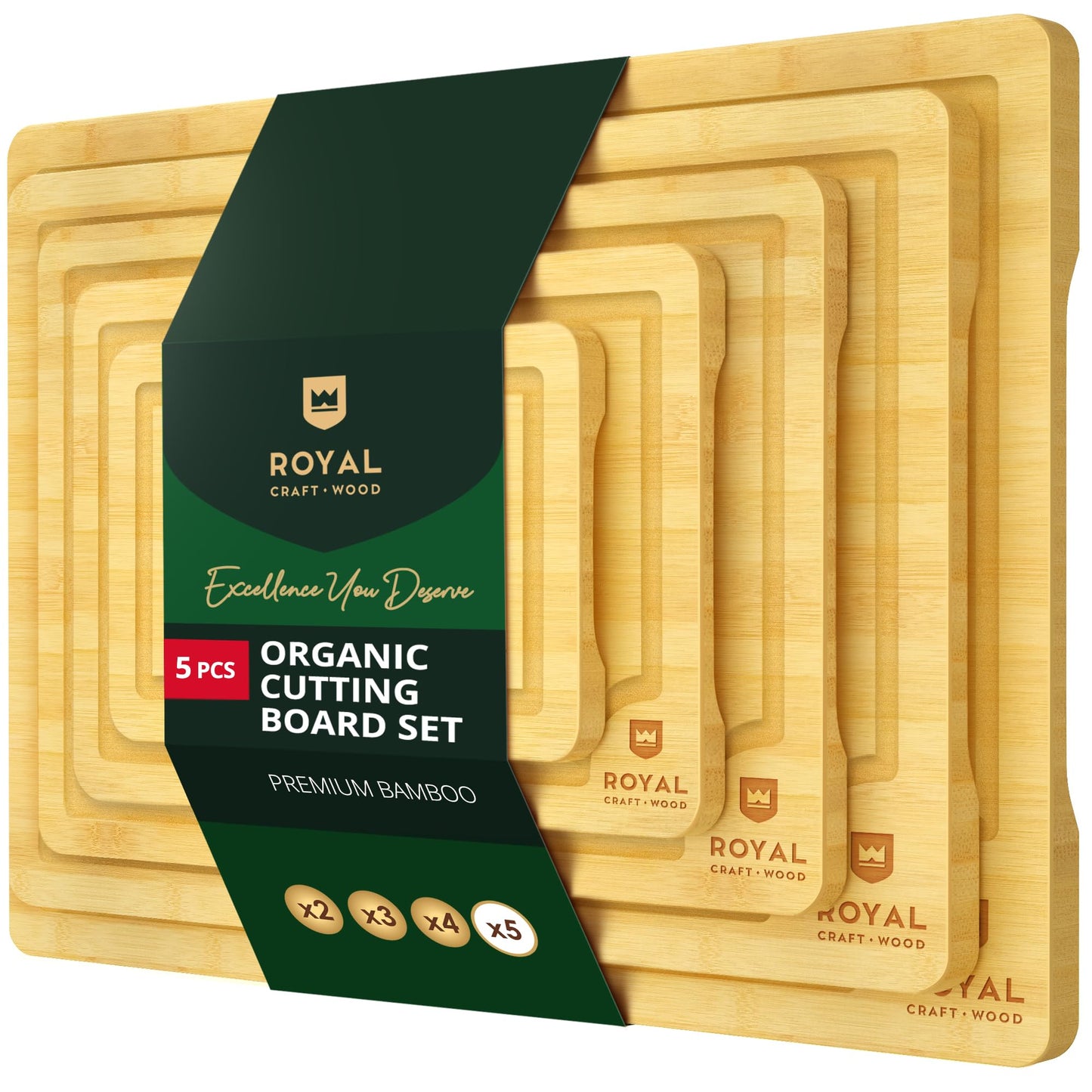ROYAL CRAFT WOOD Wooden Cutting Boards for Kitchen Meal Prep & Serving - Bamboo Wood Serving Board Set with Deep Juice Groove Side Handles - Charcuterie & Chopping Butcher Block for Meat (3 Pcs)