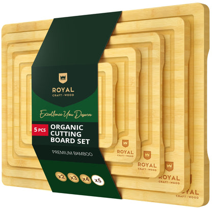 ROYAL CRAFT WOOD Wooden Cutting Boards for Kitchen Meal Prep & Serving - Bamboo Wood Serving Board Set with Deep Juice Groove Side Handles - Charcuterie & Chopping Butcher Block for Meat (3 Pcs)