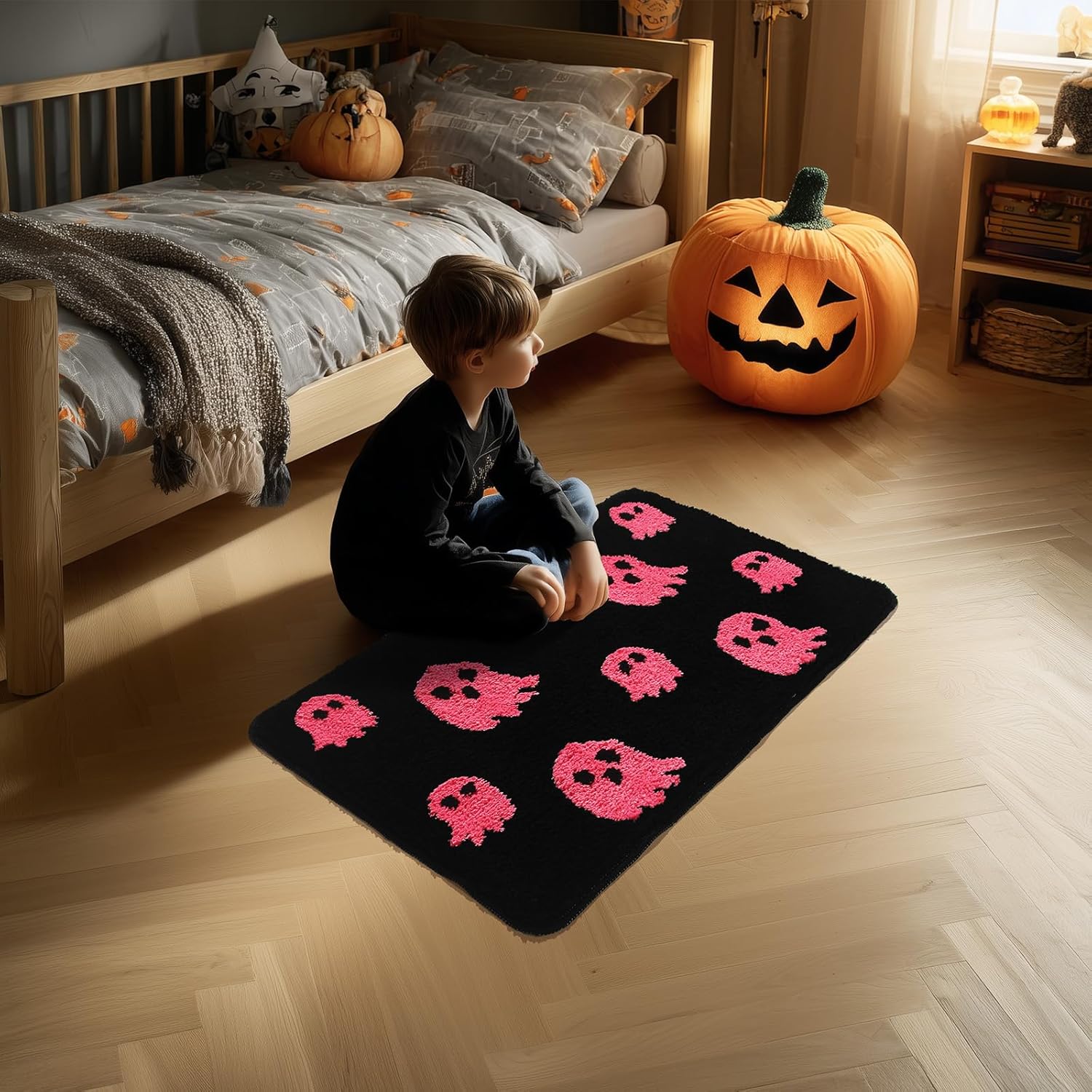 Black Halloween Bath Mat – Cute Ghost Decor Mat Non-Slip Black Bathroom Rug Soft Spooky Bath Rug for Shower, Bedroom, Living Room