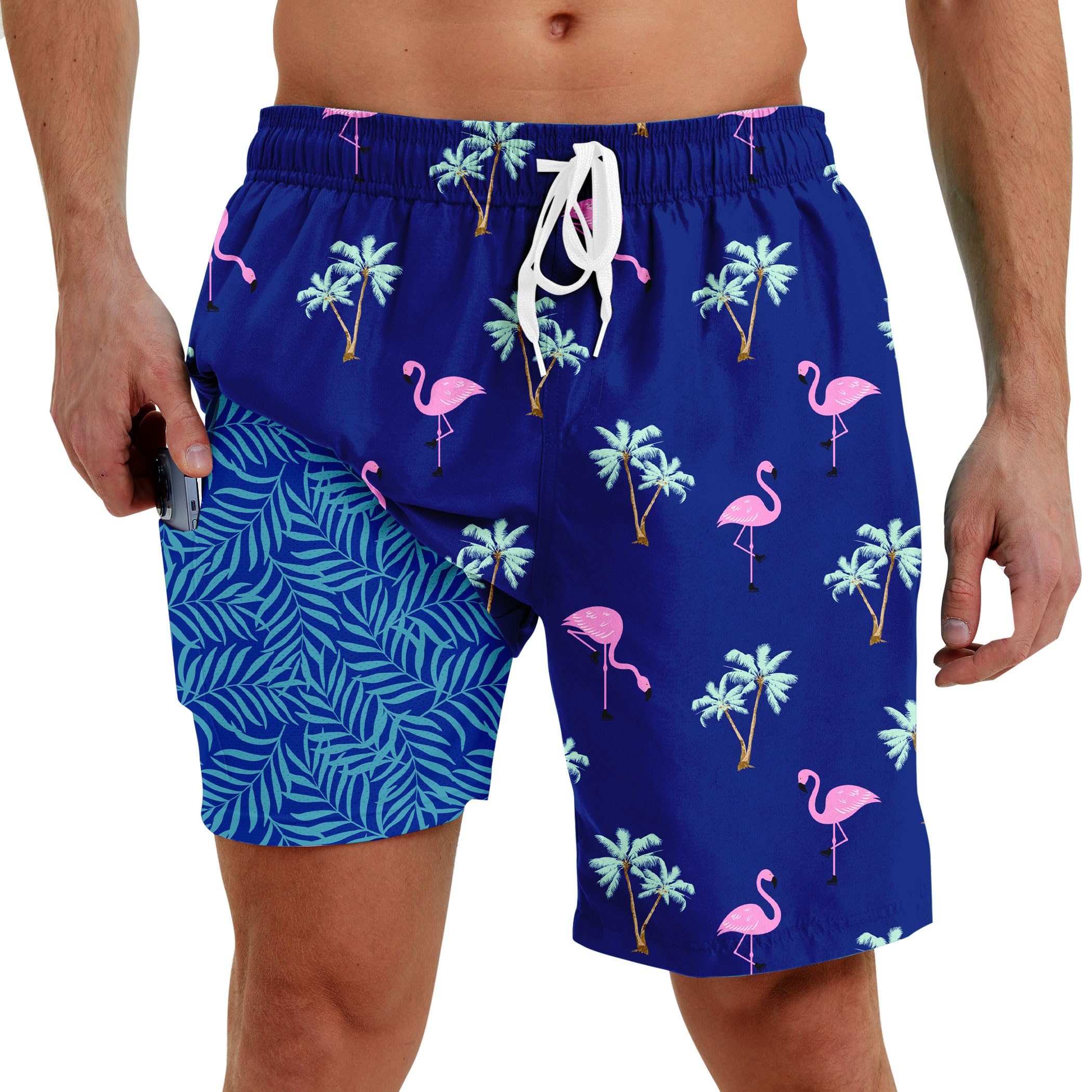 Men Swim Trunks with Compression Liner Men's 2 in 1 Bathing Suits 7 Inch Hawaiian Board Shorts