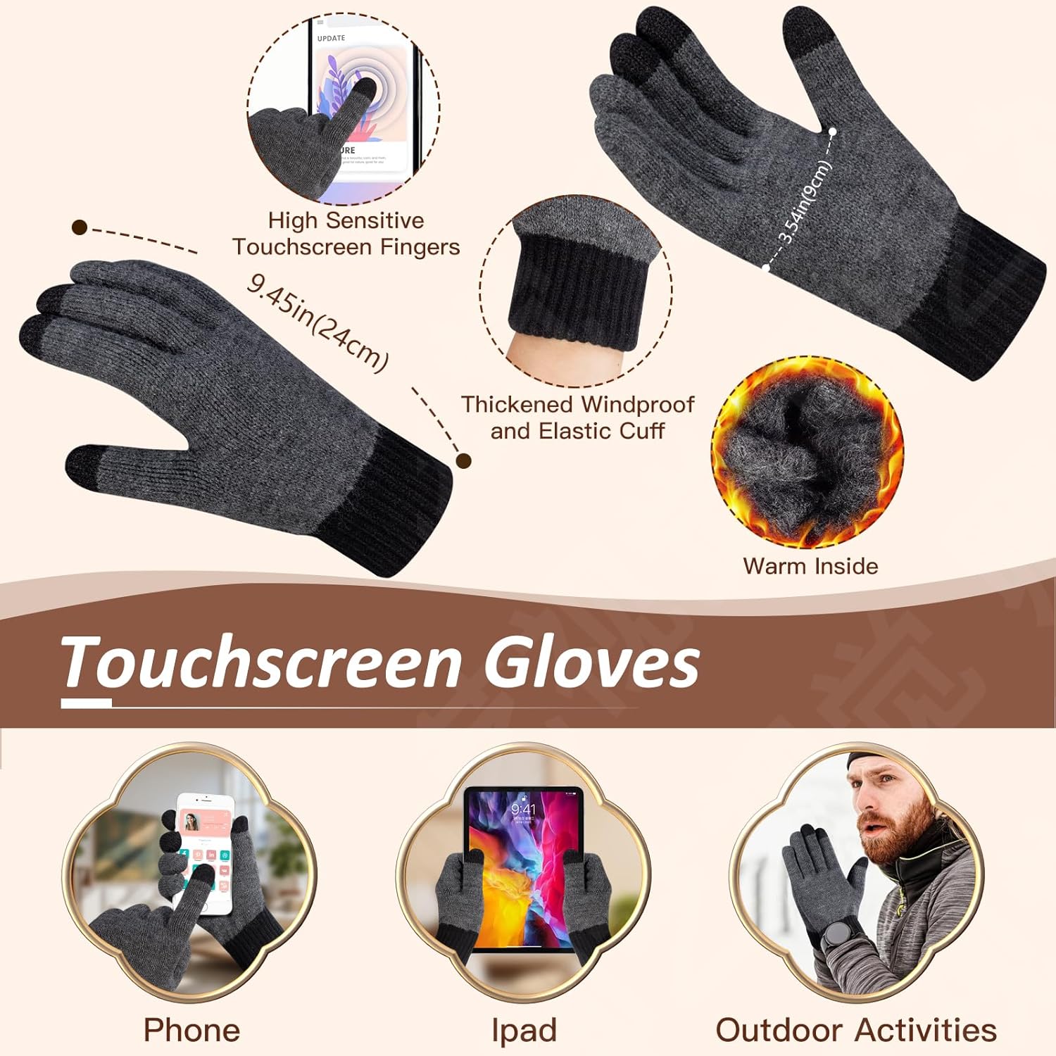 Men Women Winter Beanie Hats Scarf with Touchscreen Gloves Warm Knit Themal Gloves Long Scarf Set with Fleece Lined