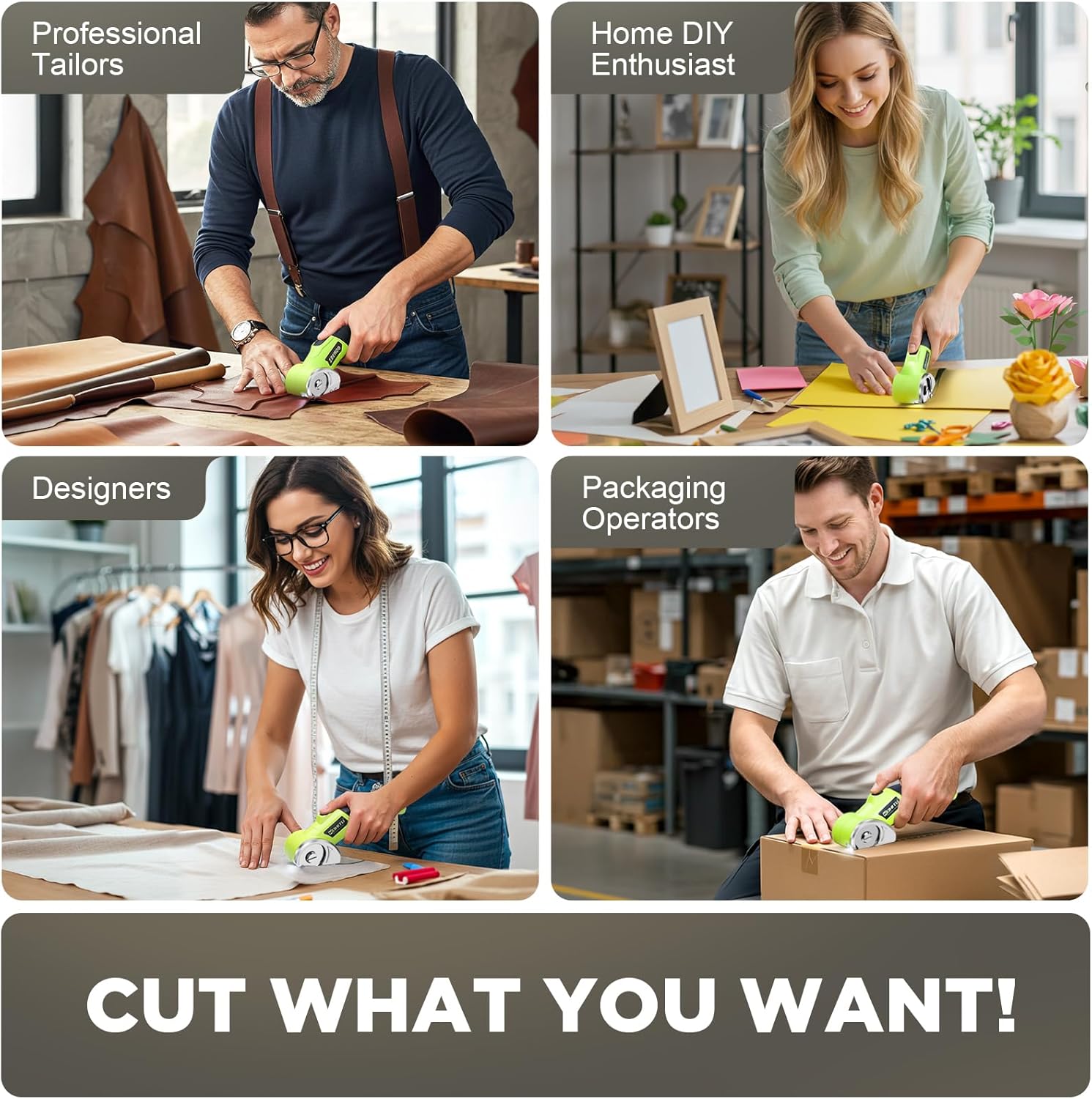 Cordless Electric Scissors: 4V Rechargeable Rotary Cardboard Cutter, 3000mAh Battery, with LED Light, 2 Blades, Box Cutter for Fabric Carpet Carton Plastic Leather Cloth