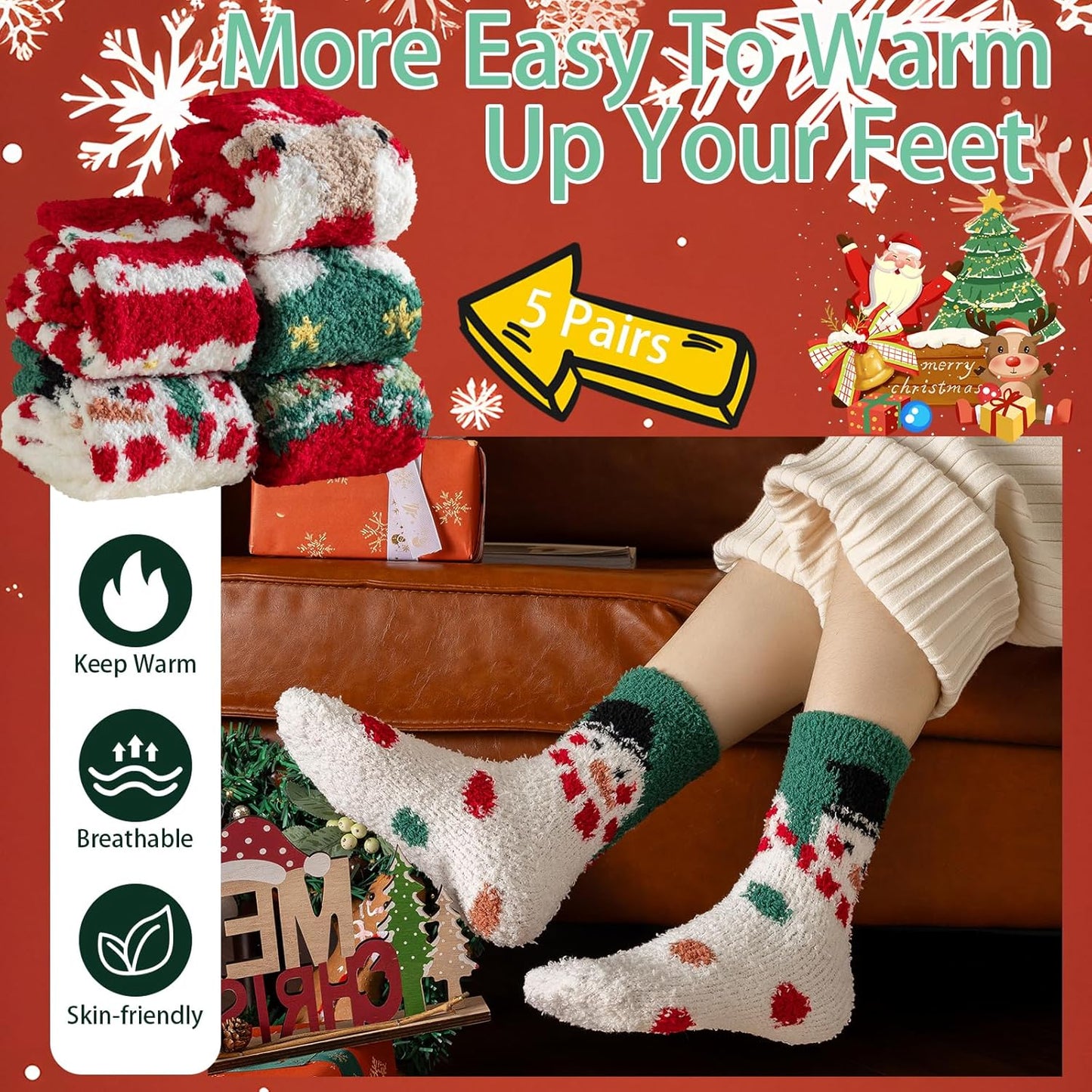 Pleneal Fuzzy Socks for Women - 5 Pairs Womens Christmas Fuzzy Socks, Warm Winter Fluffy Sock Christmas Accessories