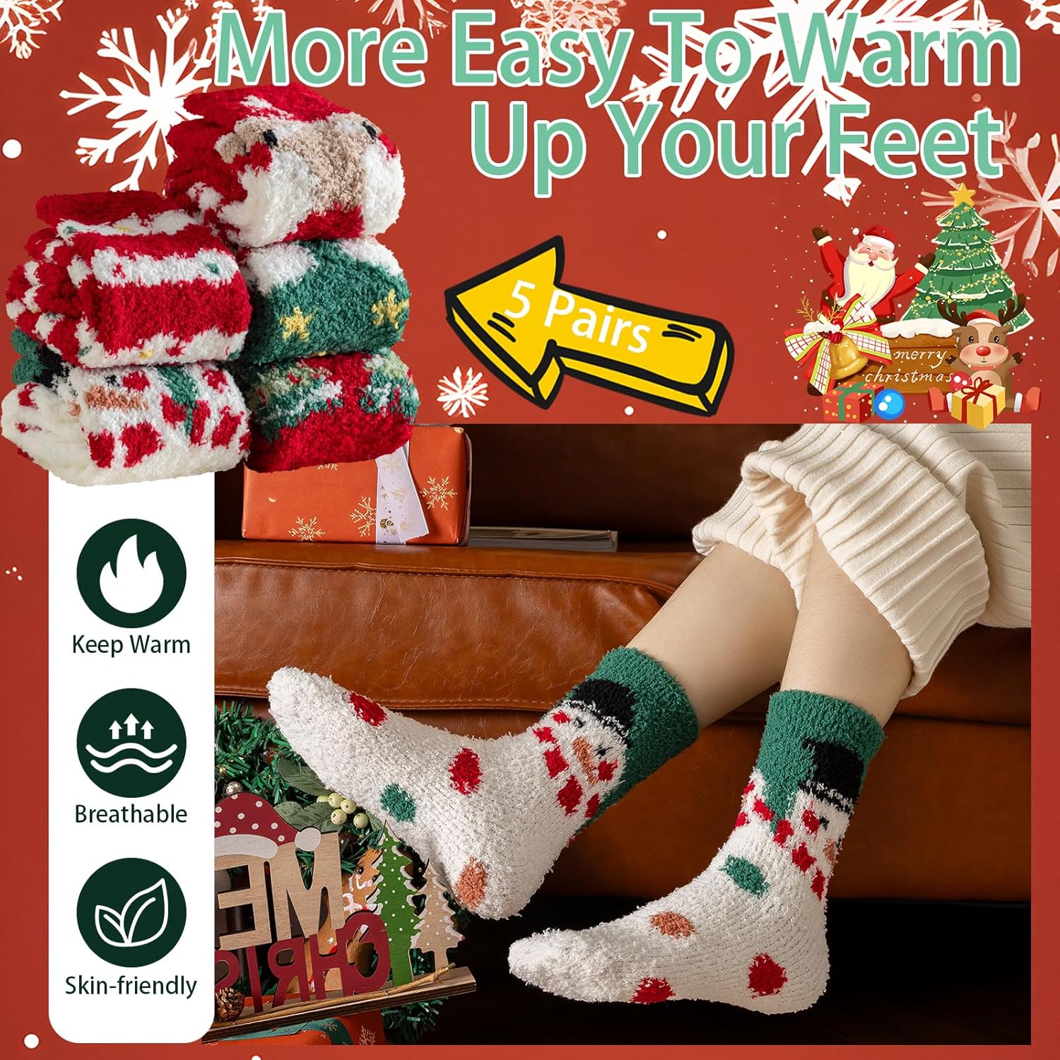 Pleneal Fuzzy Socks for Women - 5 Pairs Womens Christmas Fuzzy Socks, Warm Winter Fluffy Sock Christmas Accessories