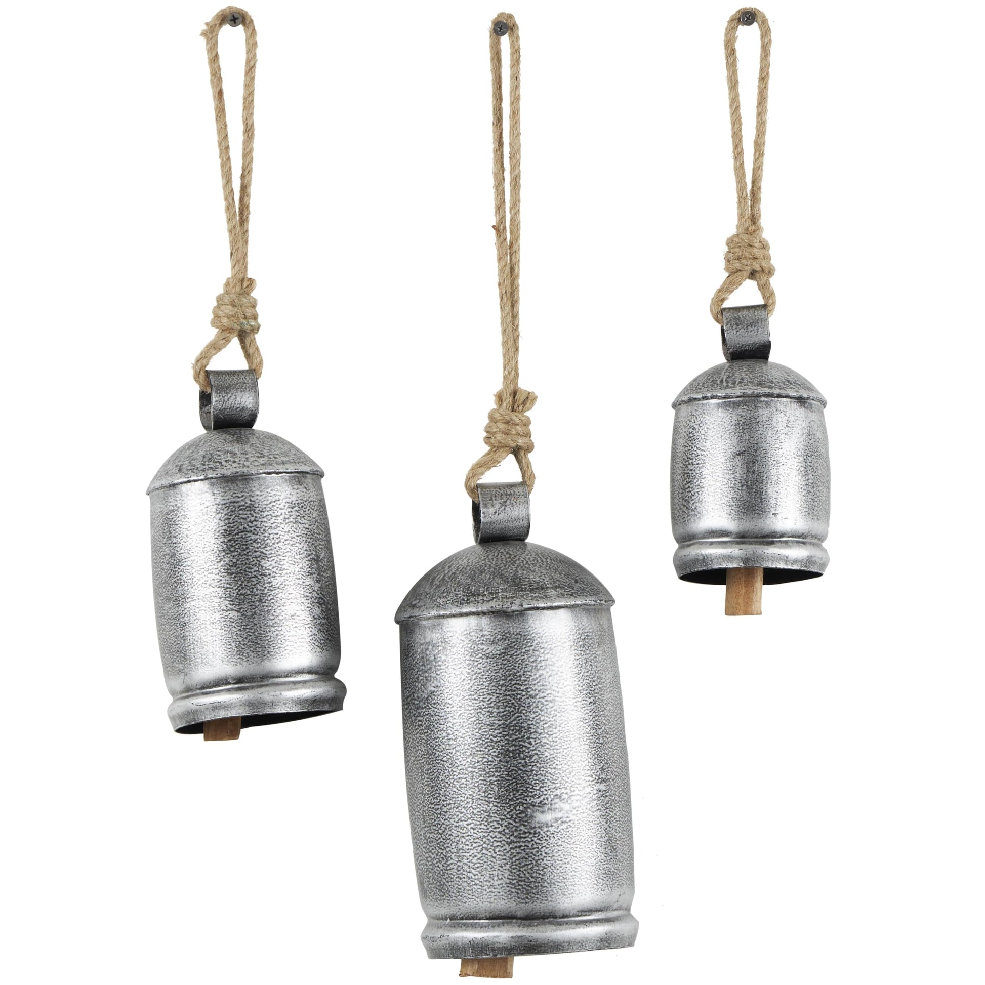 Deco 79 Gold Metal Tibetan Inspired Decorative Giant XL Cow Bells with Jute Hanging Rope, Set of 3 10",8",6"H - Cylindrical