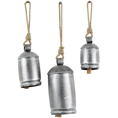 Deco 79 Gold Metal Tibetan Inspired Decorative Giant XL Cow Bells with Jute Hanging Rope, Set of 3 10",8",6"H - Cylindrical