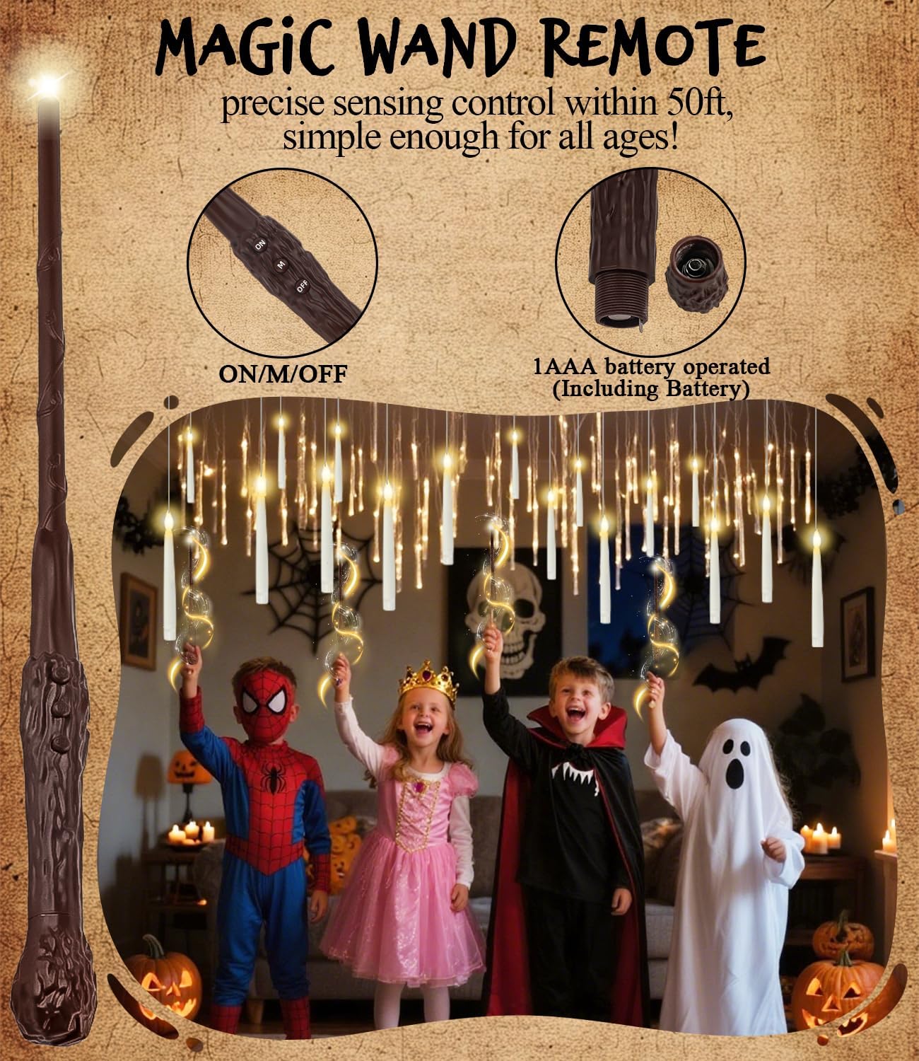 Halloween Decorations - 32pcs Floating Candles with Wand Magic Hanging Candles, Flameless Warm Light Flickering Battery Operated Candles, Floating LED Candle for Halloween Christmas Theme Party