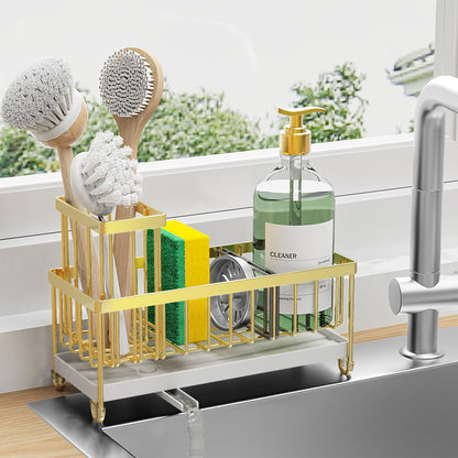 Cisily Black Sponge Holder for Kitchen Sink, Sink Caddy Organizer with High Brush Holder, Kitchen Countertop Organizers and Storage Essentials, Rustproof 304 Stainless Steel, Soap Dispenser Organize