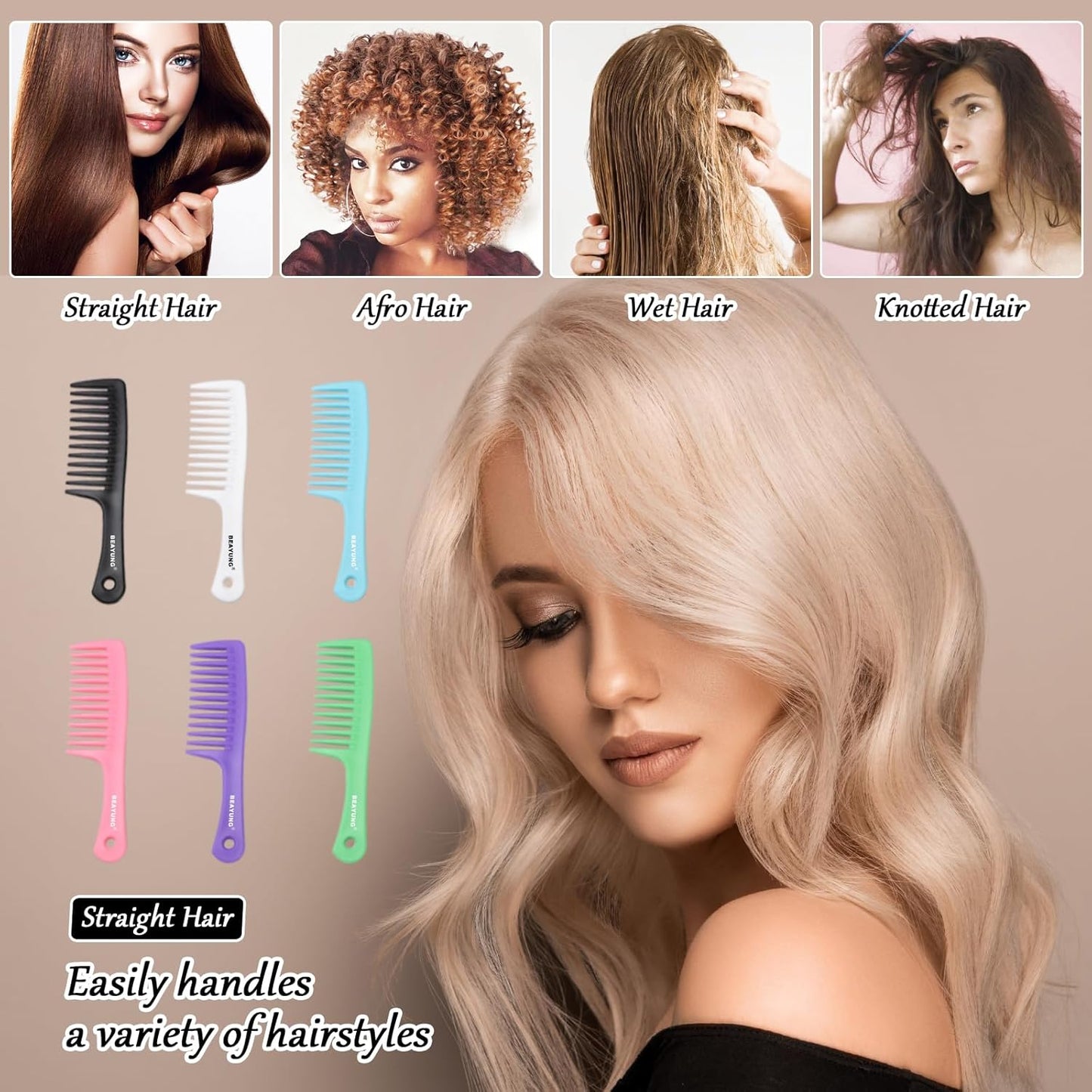 2PCS Large Wide Tooth Comb, Shower Combs, Hair comb for wet curly hair, Durable Hair Brush for Best Styling and Professional Hair Care(2Black)