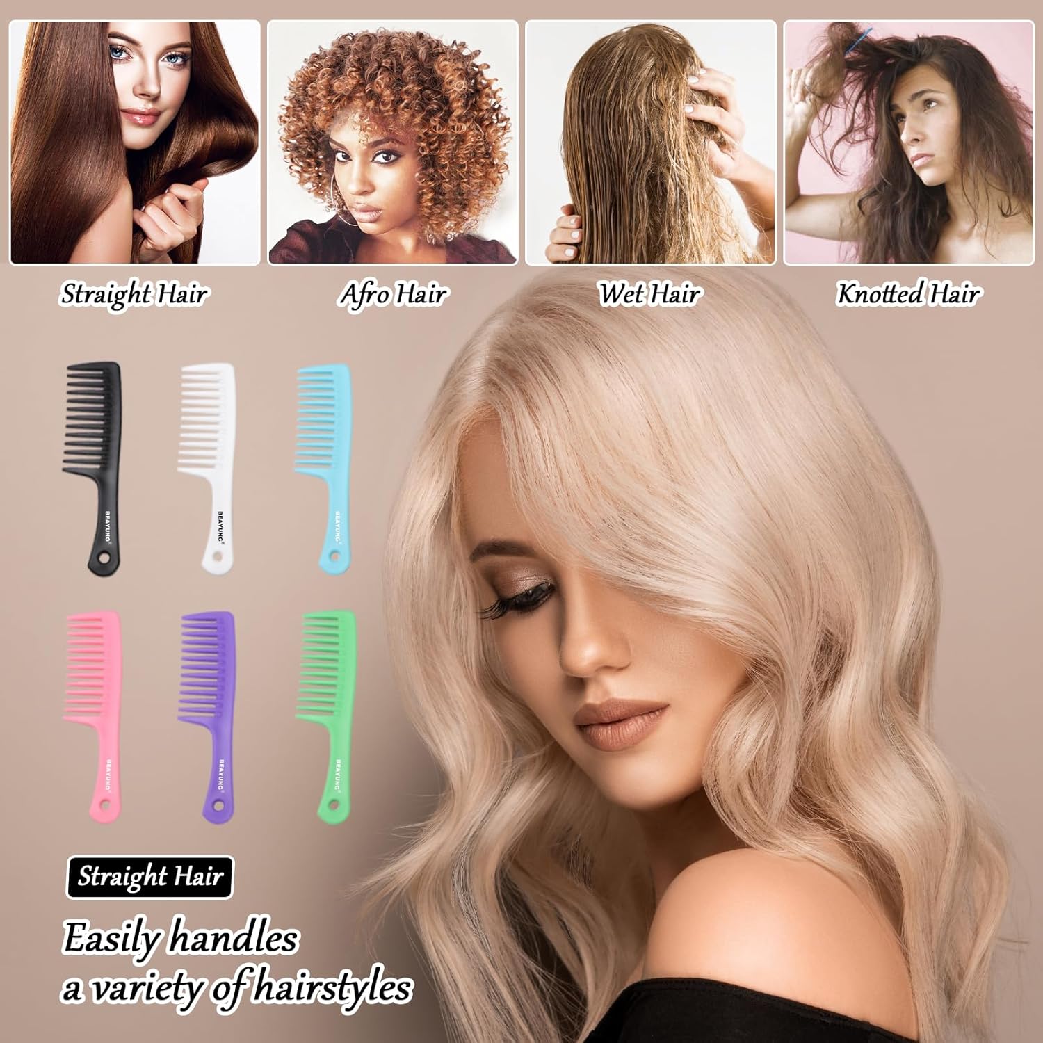 2PCS Large Wide Tooth Comb, Shower Combs, Hair comb for wet curly hair, Durable Hair Brush for Best Styling and Professional Hair Care(2Black)