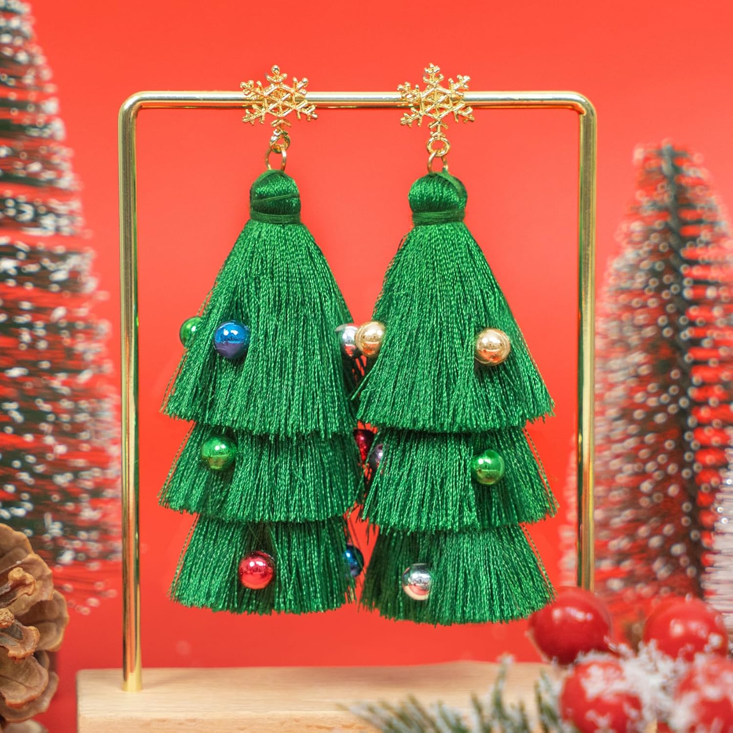 Christmas Earrings for Women Xmas Festival Holiday Dangle Studs Earrings Christmas Tree Tassel Beaded Earring, Xmas Jewelry for Women Holiday Party Fashion Gifts