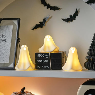 Ceramic Ghost Decor, 3Pcs Light Up Ghosts for Indoor Halloween Decorations, Battery Powered White Mini Ghost Figurines with LED for Spooky Halloween, Home Tabletop Shelf Centerpieces