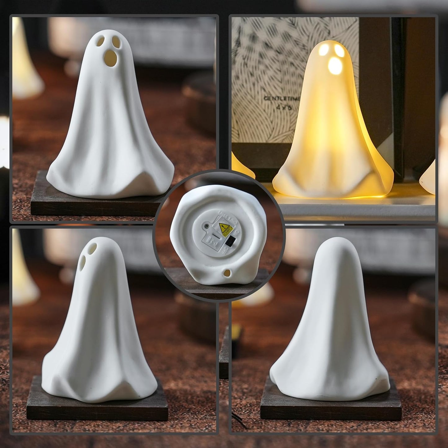 Ceramic Ghost Decor, 3Pcs Light Up Ghosts for Indoor Halloween Decorations, Battery Powered White Mini Ghost Figurines with LED for Spooky Halloween, Home Tabletop Shelf Centerpieces