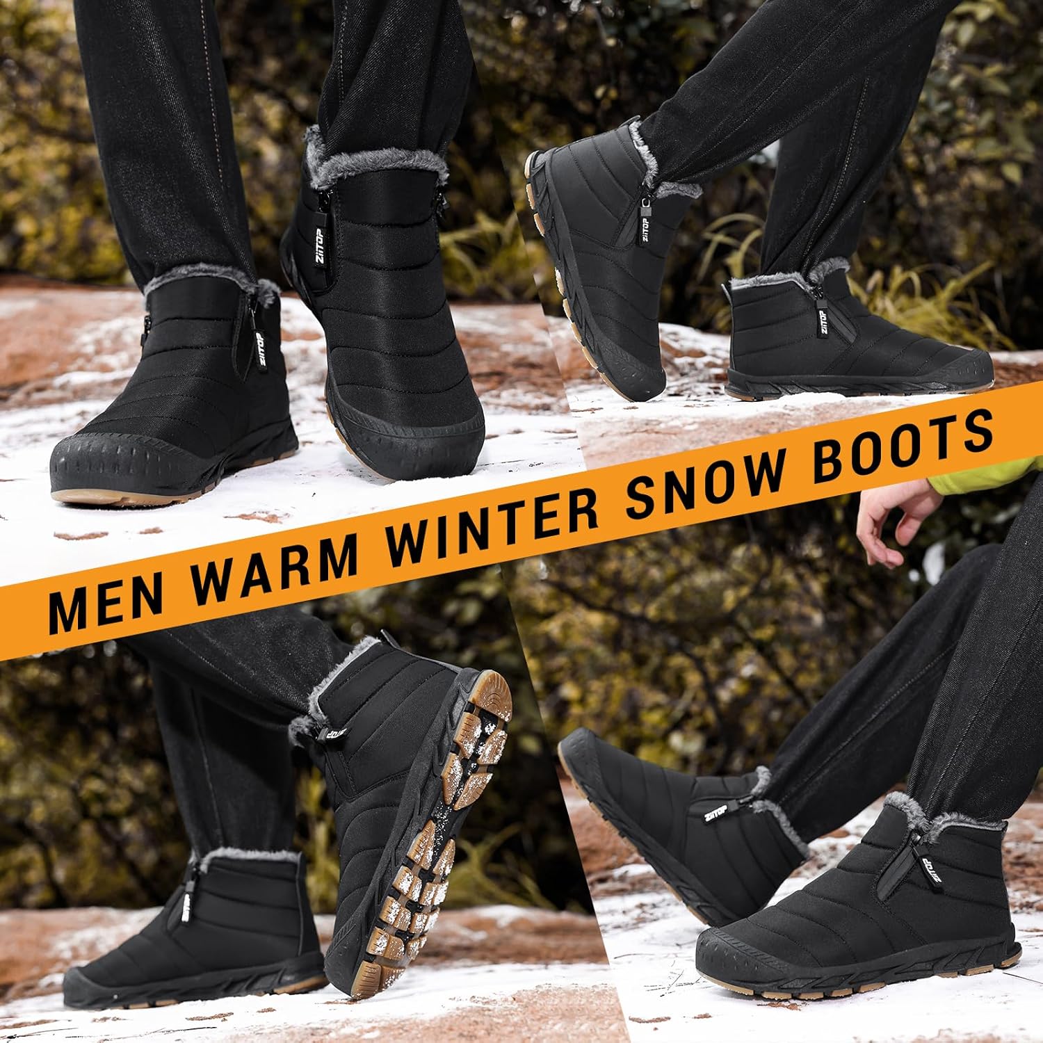 Snow Boots Mens Waterproof Winter Boots Fur Lined Warm Ankle Boots Zipper Closure Slip on Outdoor Boot Comfortable Walking Shoes