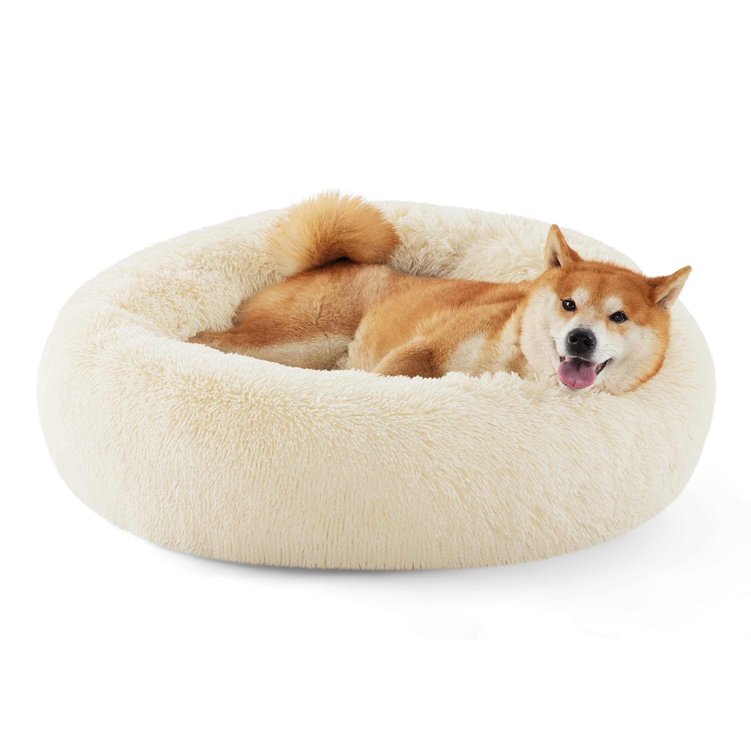 Bedsure Calming Dog Bed for Small Dogs - Donut Washable Small Pet Bed, 23 inches Anti-Slip Round Fluffy Plush Faux Fur Large Cat Bed, Fits up to 25 lbs Pets, Camel