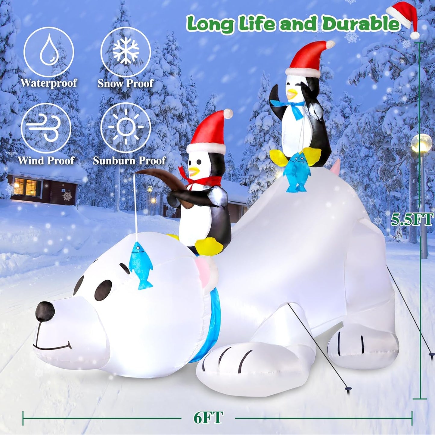 6FT Christmas Inflatable Polar Bear with Penguins Outdoor Decorations, Blow up 2 Penguins Fishing on Big Polar Bear with Bright LED Lights for Xmas Decor Outside Indoor Yard Garden Lawn Holiday Party