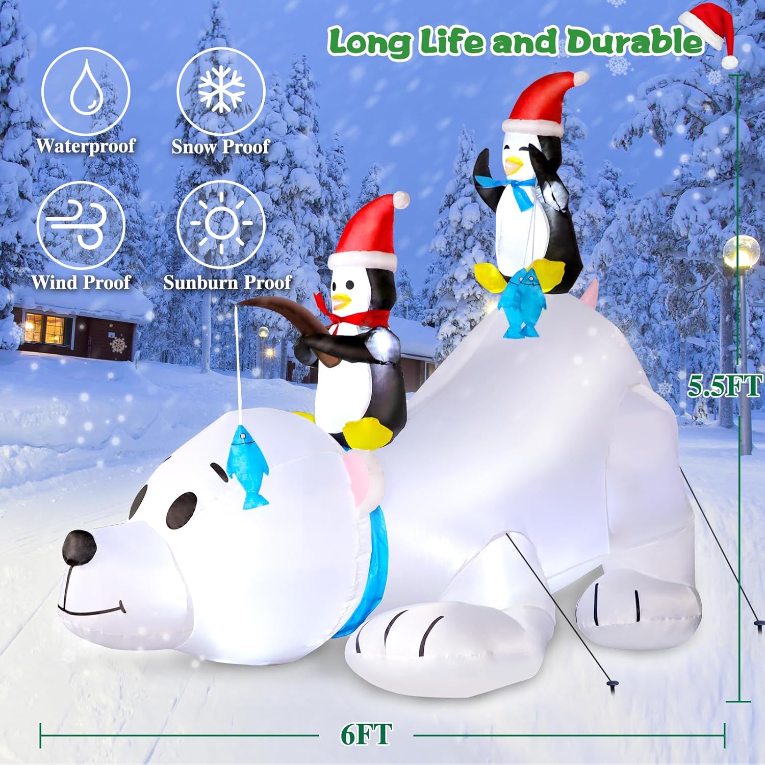 6FT Christmas Inflatable Polar Bear with Penguins Outdoor Decorations, Blow up 2 Penguins Fishing on Big Polar Bear with Bright LED Lights for Xmas Decor Outside Indoor Yard Garden Lawn Holiday Party