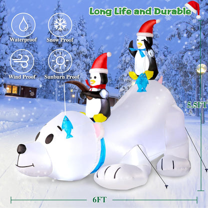 6FT Christmas Inflatable Polar Bear with Penguins Outdoor Decorations, Blow up 2 Penguins Fishing on Big Polar Bear with Bright LED Lights for Xmas Decor Outside Indoor Yard Garden Lawn Holiday Party