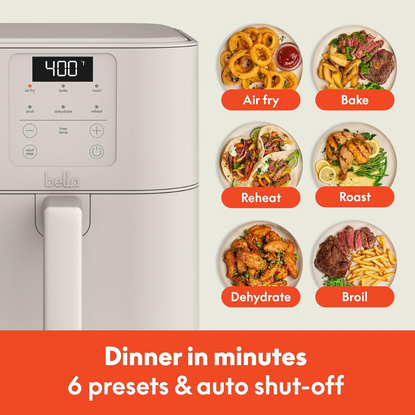 bella 6 Qt Slim Air Fryer, Fits-anywhere™ Kitchenware, EverGood™ Ceramic Nonstick Coating, Adjustable Temperature, 6 Preset Cooking Options, 60 Min Auto Shutoff w Audible Tone, 5lb Capacity, Oatmilk