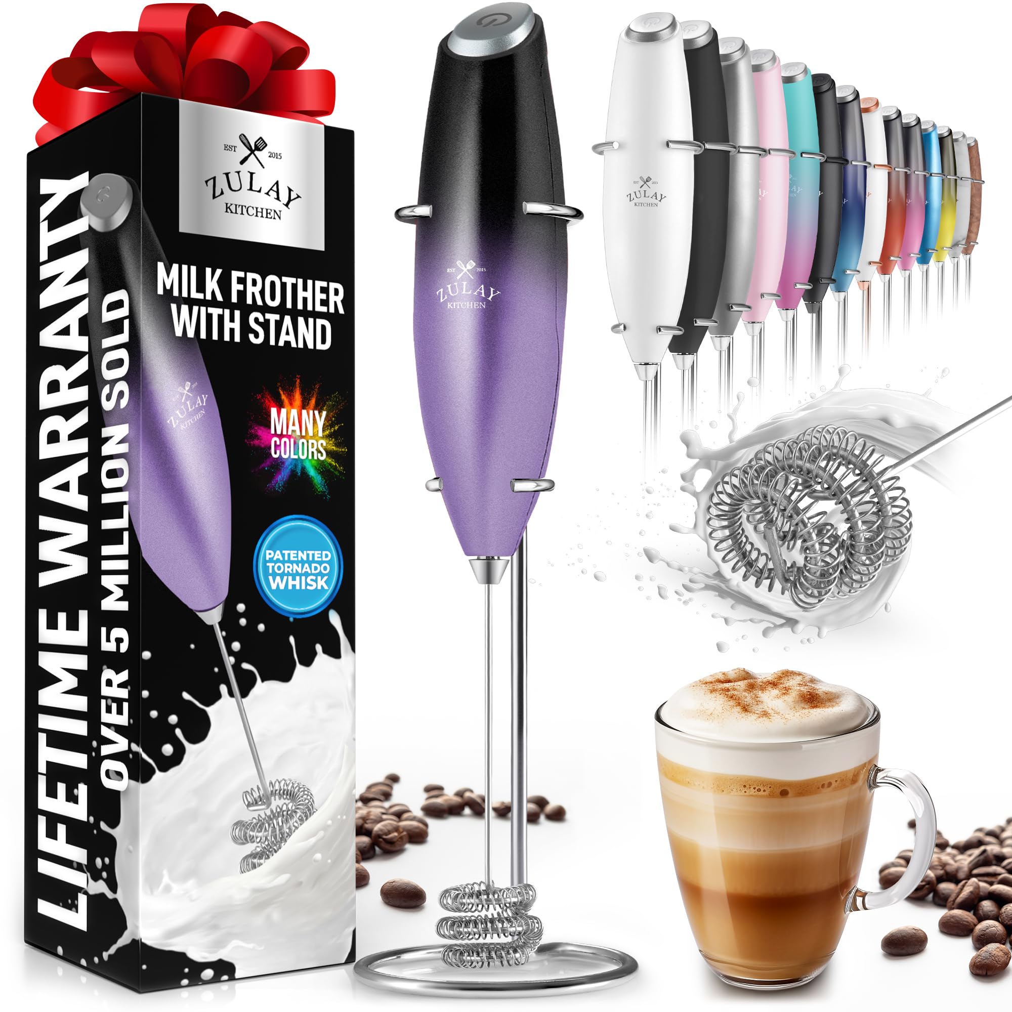 Zulay Kitchen Powerful Milk Frother Wand With 2 Duracell Batteries - Ultra Fast Handheld Drink Mixer - Electric Whisk Foam Maker for Coffee, Lattes, Cappuccino, Matcha, Hot Chocolate & Creamer - Black