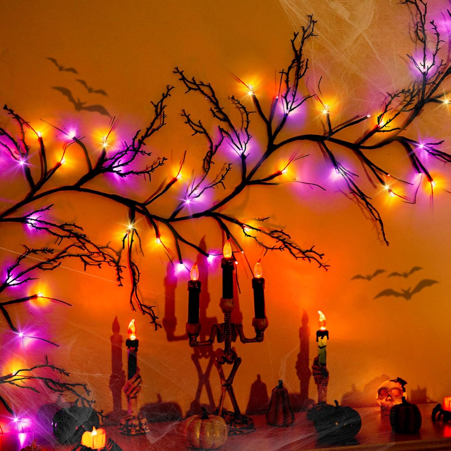 [8 Modes & Timer] 6 Ft 54LED Halloween Garland with Lights, Orange Purple Willow Vine Twig Garland Battery Operated Indoor Outdoor Fireplace Table Wall Home Party Halloween Decor
