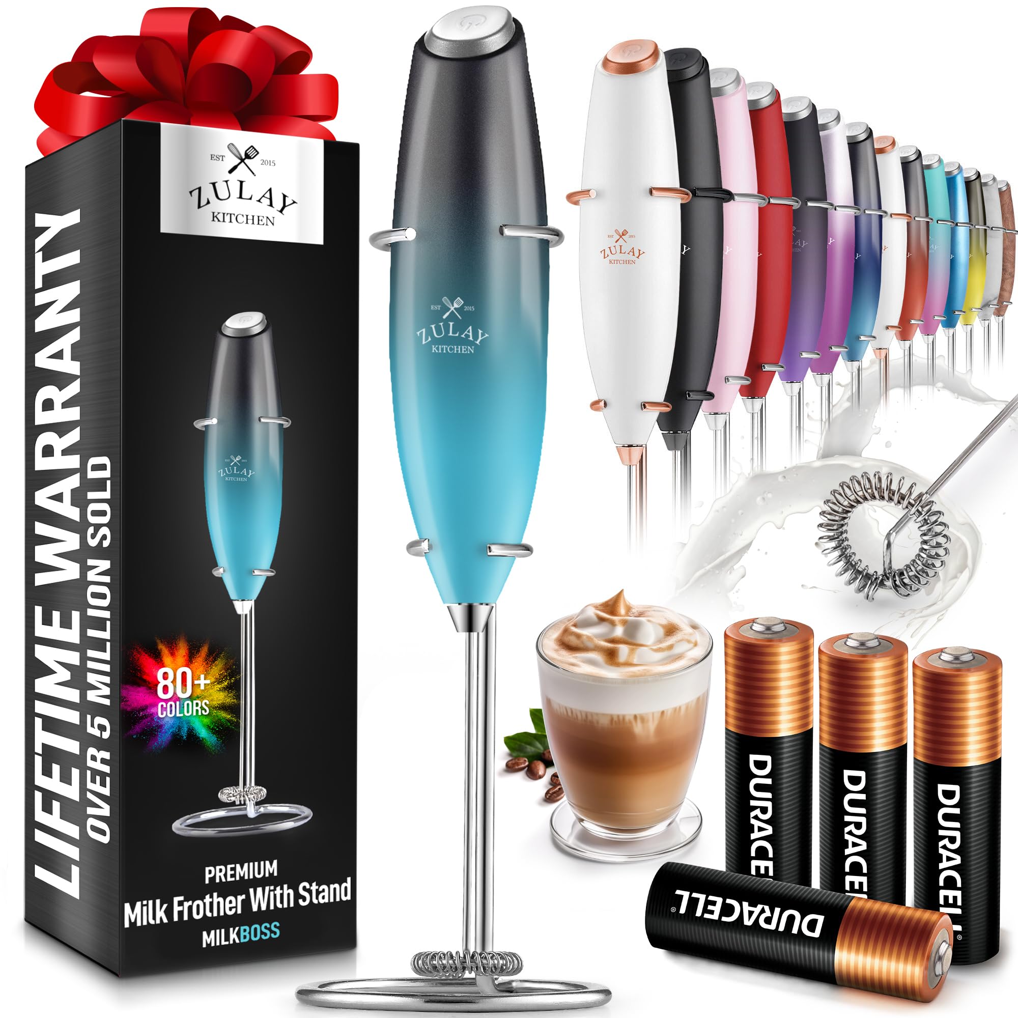 Zulay Kitchen Powerful Milk Frother Wand With 2 Duracell Batteries - Ultra Fast Handheld Drink Mixer - Electric Whisk Foam Maker for Coffee, Lattes, Cappuccino, Matcha, Hot Chocolate & Creamer - Black