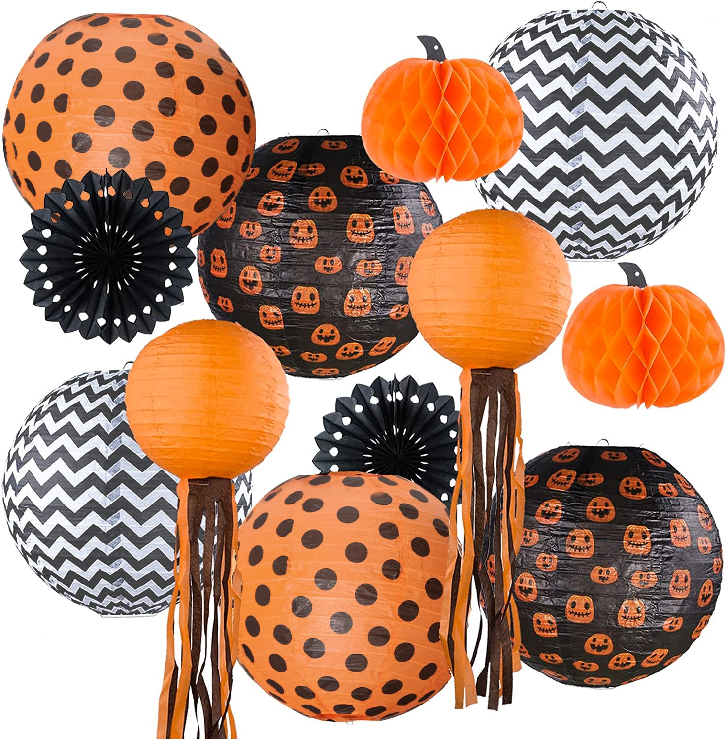 UNIQOOO 12Pcs Halloween Hanging Decorations Paper Lanterns, Jack-O'-Lantern Spider Skeleton Pumpkin for Indoor & Outdoor Spooky Home Decor, Party Supplies Props, 12" & 8" (Orange, Black)